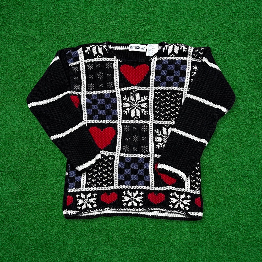 Vintage White Stag Knit Woven Pattern Sweater